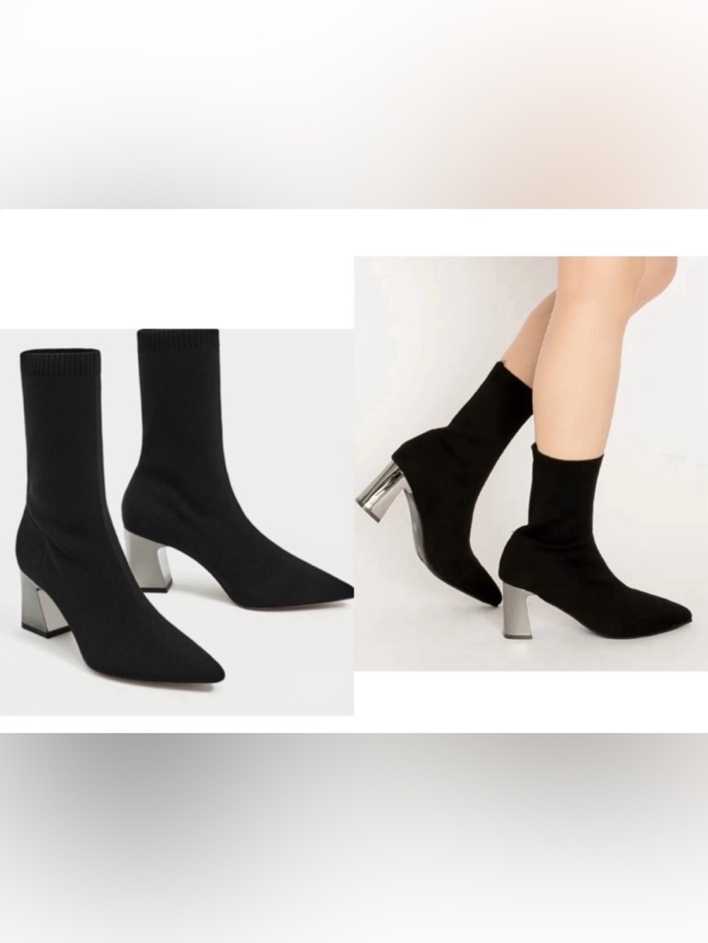 Zara Black Stretch Knit Ankle Boot with silver Block Heel